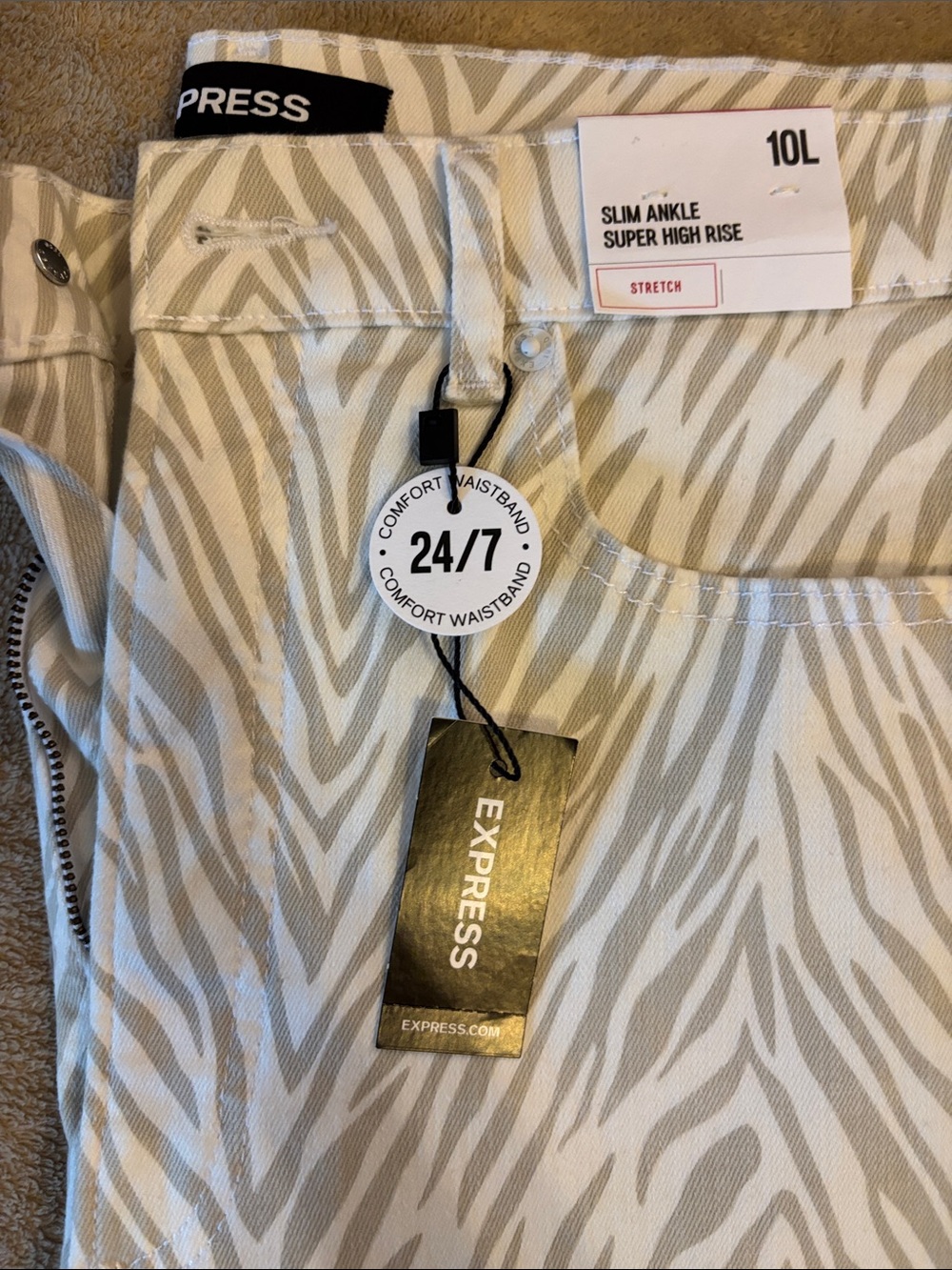 Express Beige and White Zebra Print Slim Ankle Jeans
